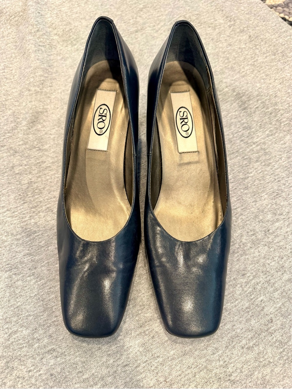 SRO Navy Leather Pumps 9M- Square Toe Block Heel- 90s Old Money Workwear Office